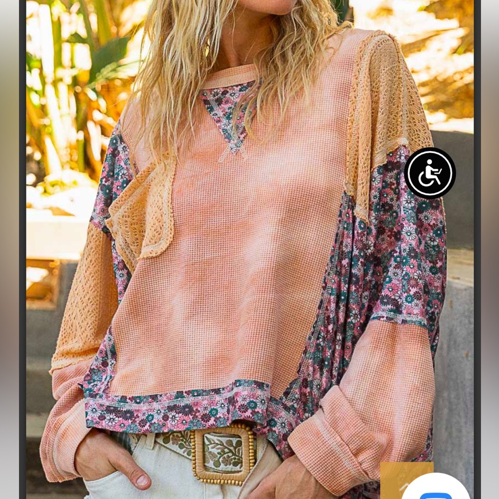 POL Peach Floral Patchwork Long Sleeve Top